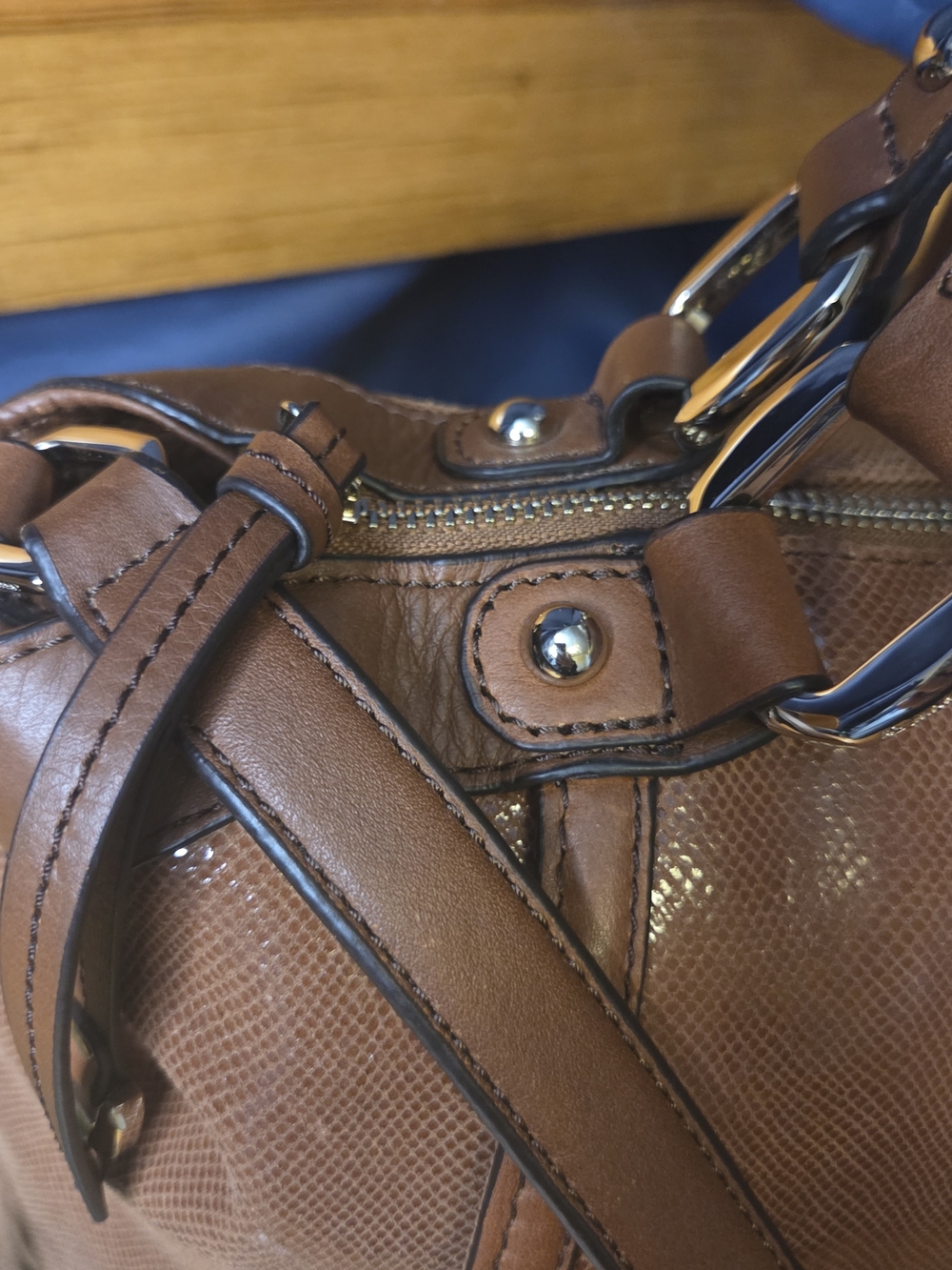 B. Makowsky Cognac Leather Satchel | Luxe Texture + Leopard Lining Chic - Picture 7 of 17